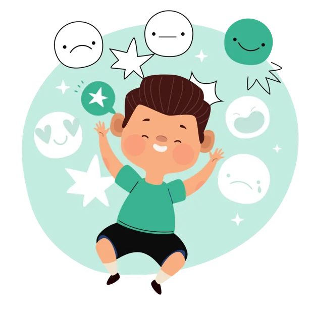 Illustrated boy surrounded by faces showing different feelings