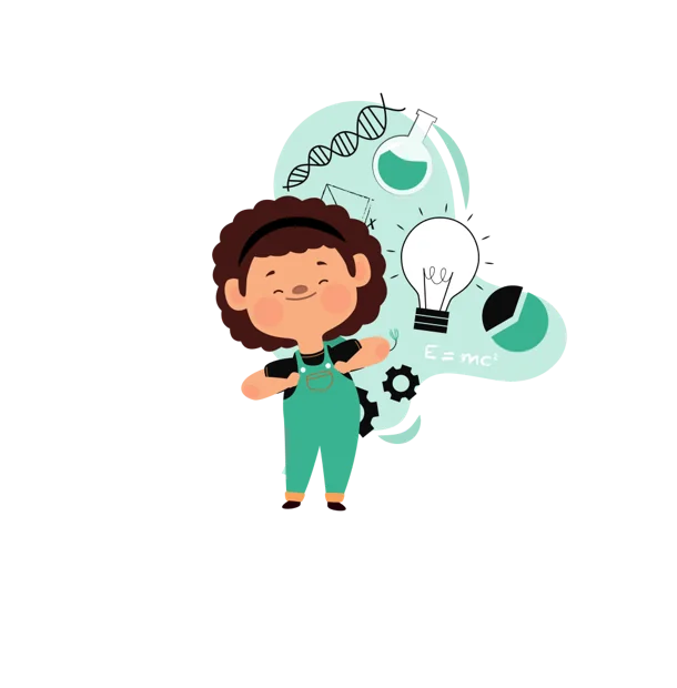 Illustrated child surrounded by ideas, a lightbulb and science symbols