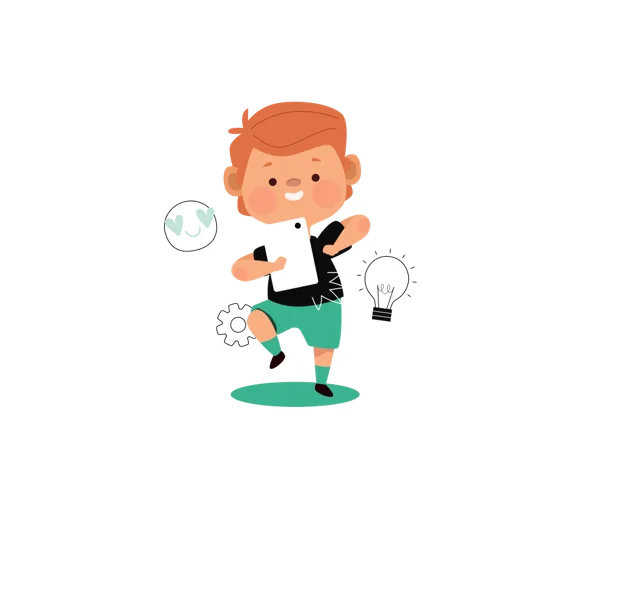 Illustrated boy holding a phone with ideas around him