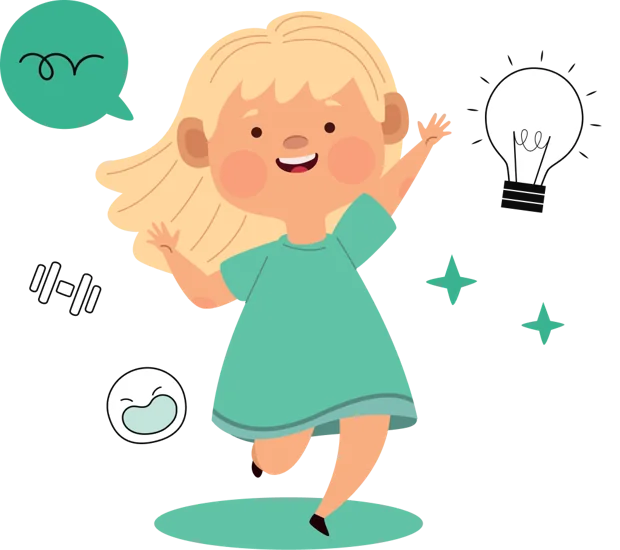 Illustrated girl jumping with a lightbulb idea above her