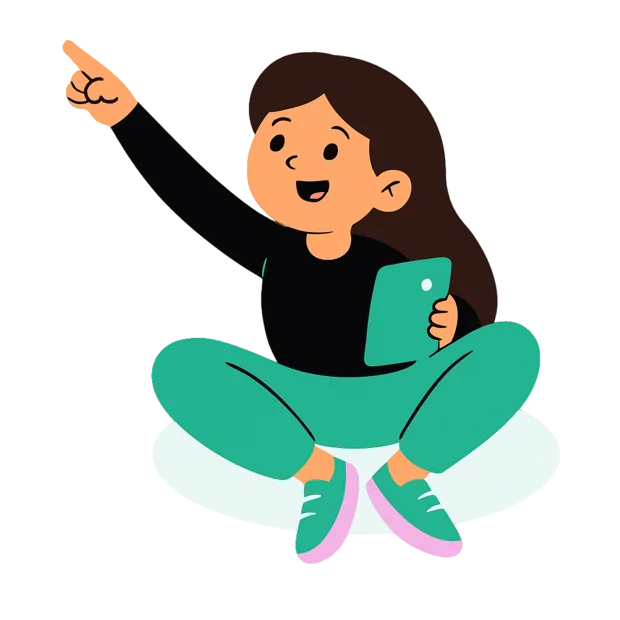 Illustrated girl holding a tablet and pointing up