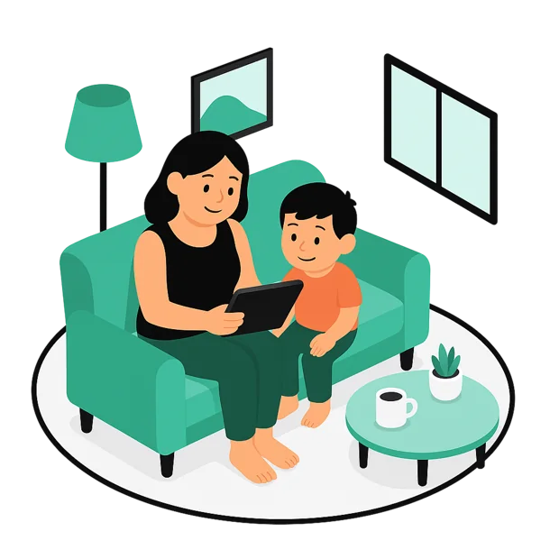 Illustrated parent and child on a sofa looking at a tablet together